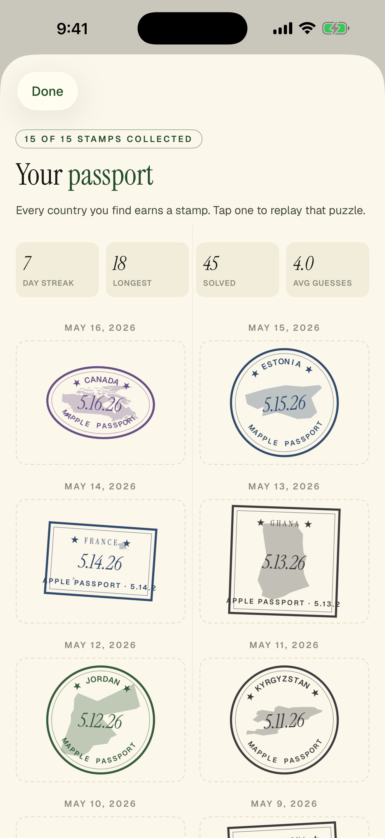 Your passport of collected country stamps